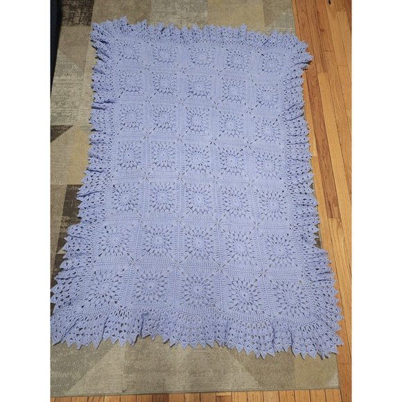 𝅺handmade Crocheted Denim Blue Boys Baby/Toddler/Lap Blanket with a Lacy Border - Picture 1 of 12